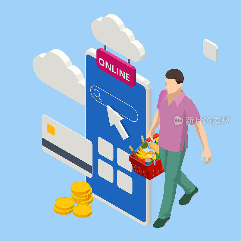 Isometric man order online in internet supermarket. Grocery online shopping application on smartphone screen with food at home. Shopping bag with fresh grocery purchases. Food retail and online store.